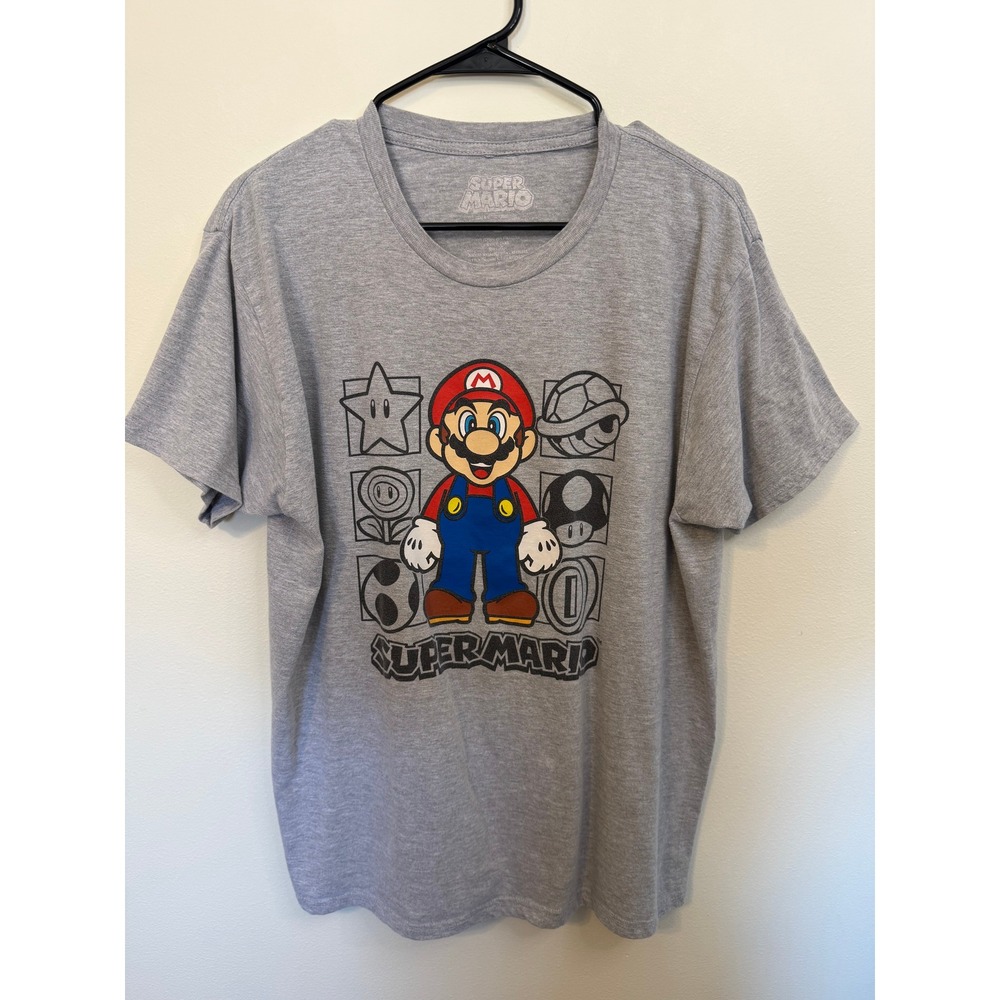 Nintendo Super Mario T-Shirt Mens Large Gray Excellent Graphic Tee Short Sleeve